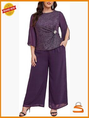 Plus Size Dressy Pant Suit Set with Pockets Cape Sleeves Formal Wedding Guest